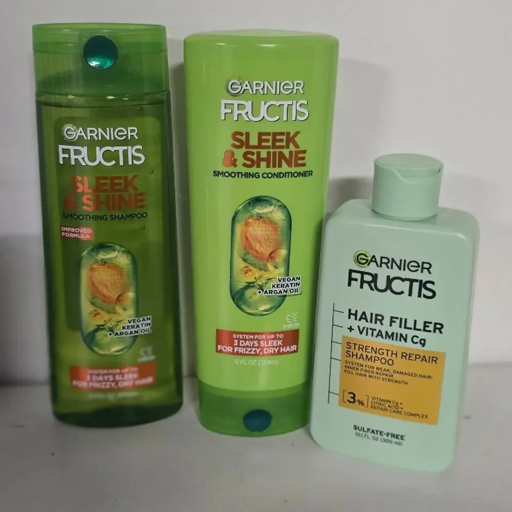 Garnier Fructis Hair Care Lot: Sleek & Shine Shampoo, Conditioner + Hair Filler
